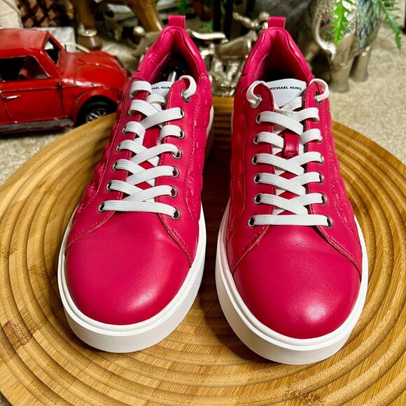 Michael Kors Emmett Nappa Puffy MK Logo Rubin Red Sneakers Flat Shoes Size 9.5 - Picture 1 of 11